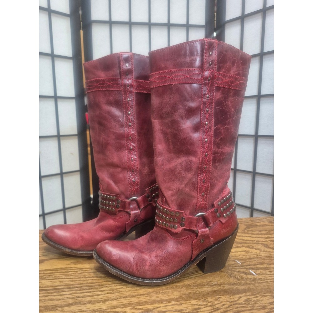 Caborca Red distressed leather studded buckle biker boots